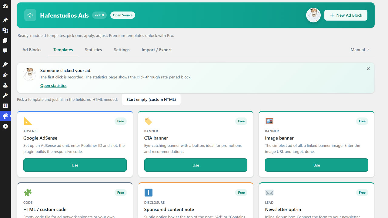 Hafenstudios Ads in the WordPress backend: the template overview with AdSense, CTA banner and image banner, as shown in the video
