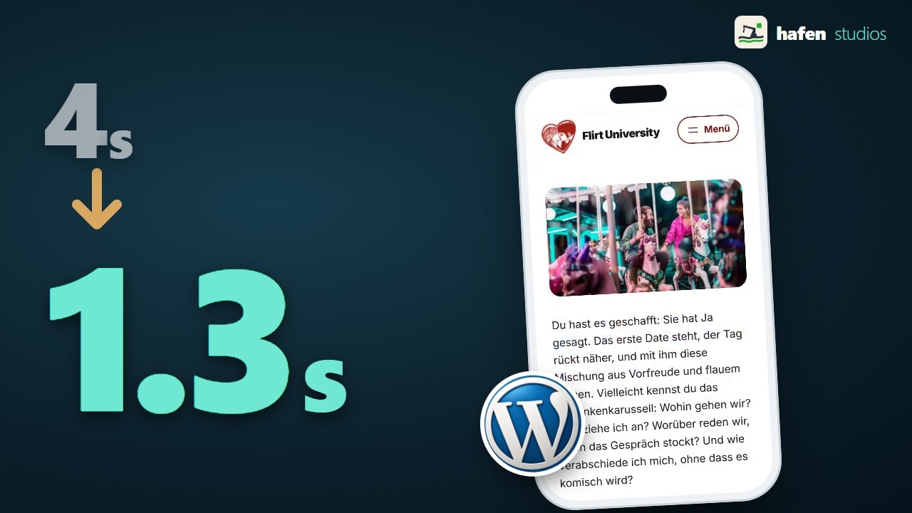 Video thumbnail: First Contentful Paint from 4 seconds down to 1.3 seconds, next to the Flirt University site on a phone
