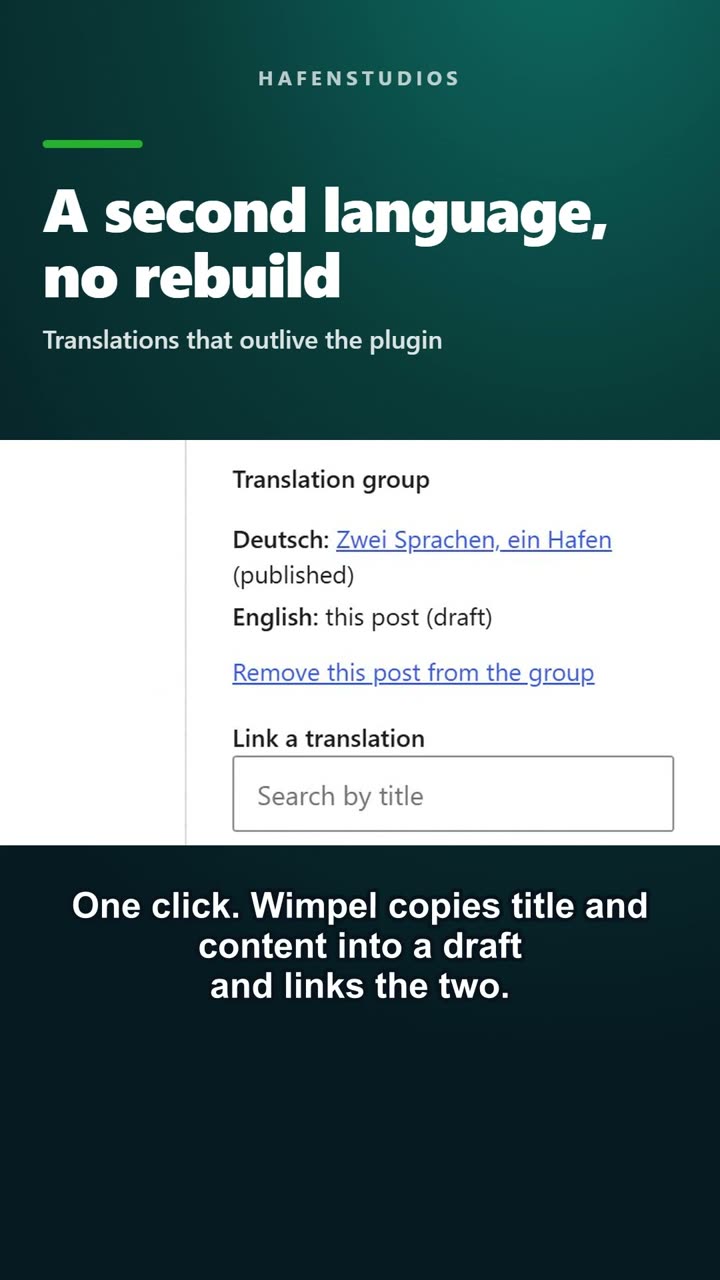 Frame from the short: the Wimpel box in the post editor, with the German original and its English draft in one translation group
