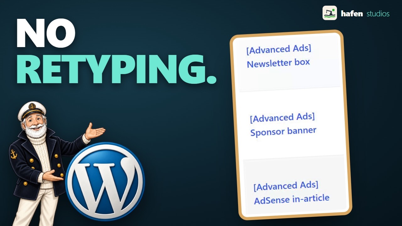 Video thumbnail: three ads named Newsletter box, Sponsor banner and AdSense in-article, each marked Advanced Ads, headline No retyping
