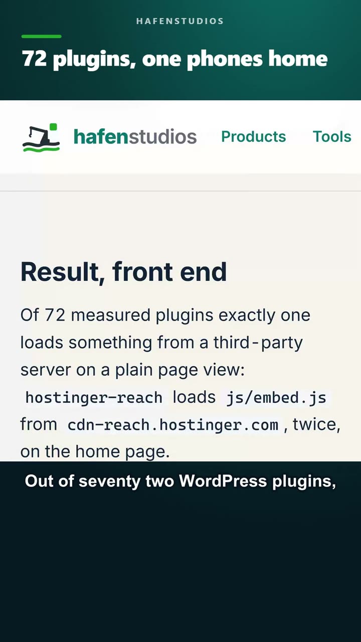 Frame from the short: the front-end result of our study, exactly one of 72 plugins loads something from a third-party server