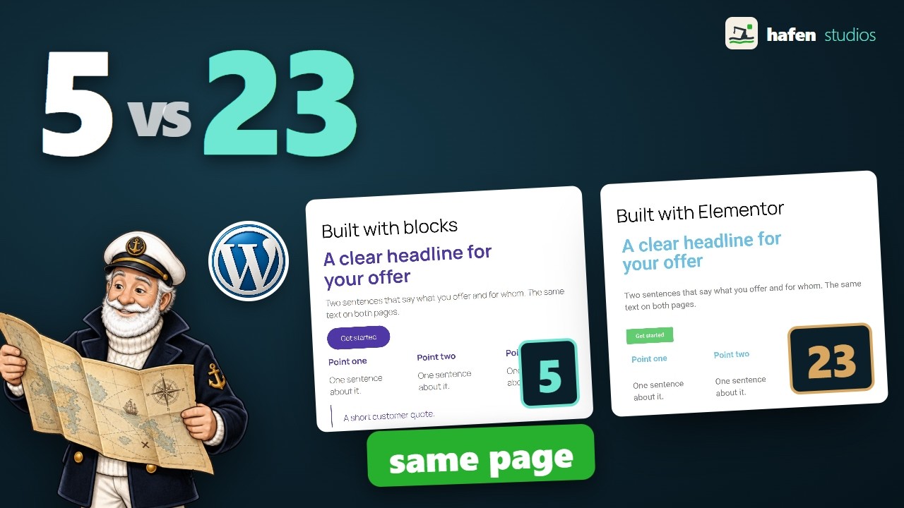 Video thumbnail: the same landing page built with blocks and with Elementor, 5 requests against 23