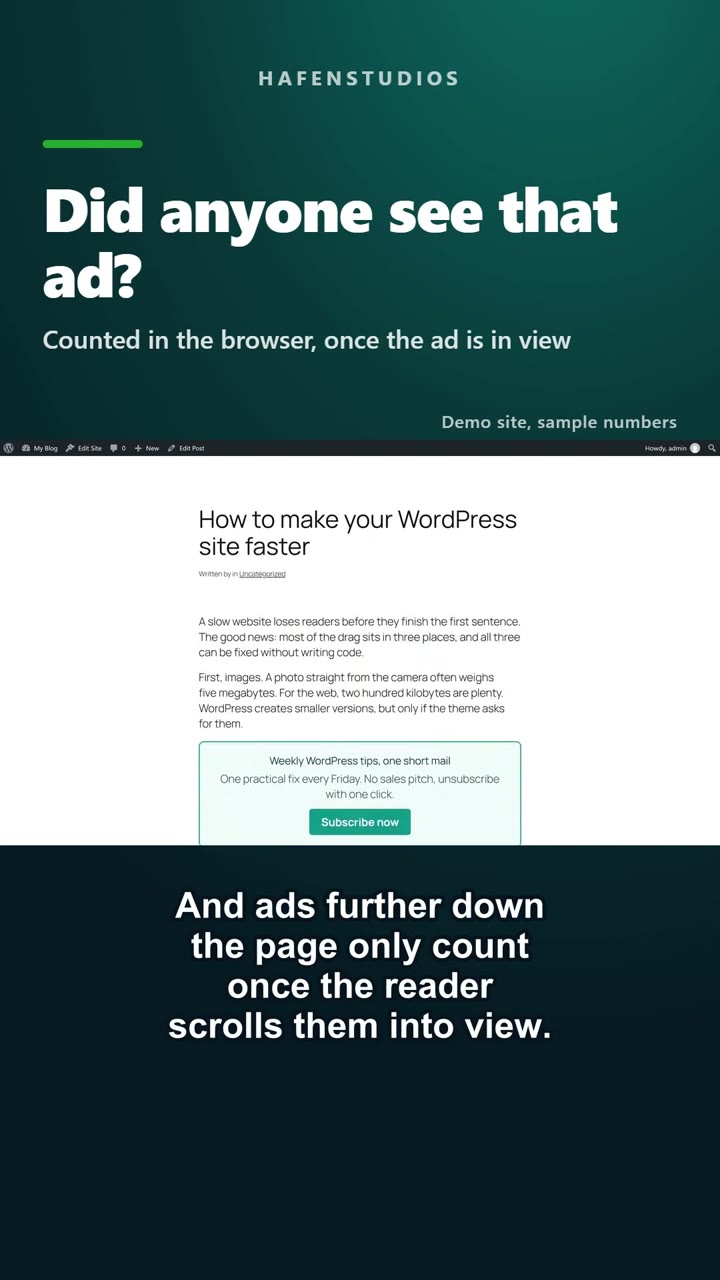 Short: a newsletter box inside a demo post, captioned that ads further down the page only count once the reader scrolls them into view