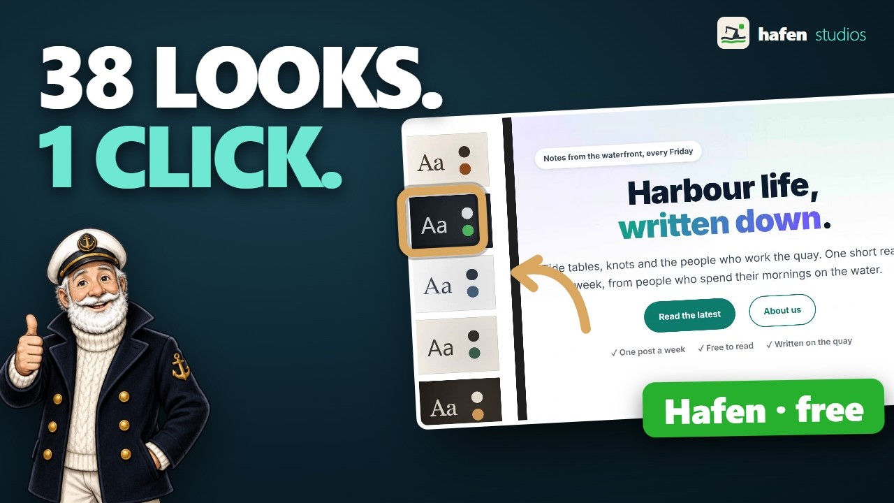 Video thumbnail: the Hafen style list in the Site Editor with one look selected, headline 38 looks, 1 click