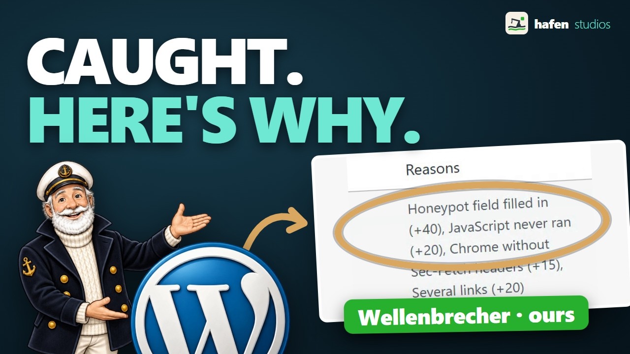 Wellenbrecher log in WordPress: the reasons a bot submission was blocked, such as a filled honeypot field and JavaScript that never ran