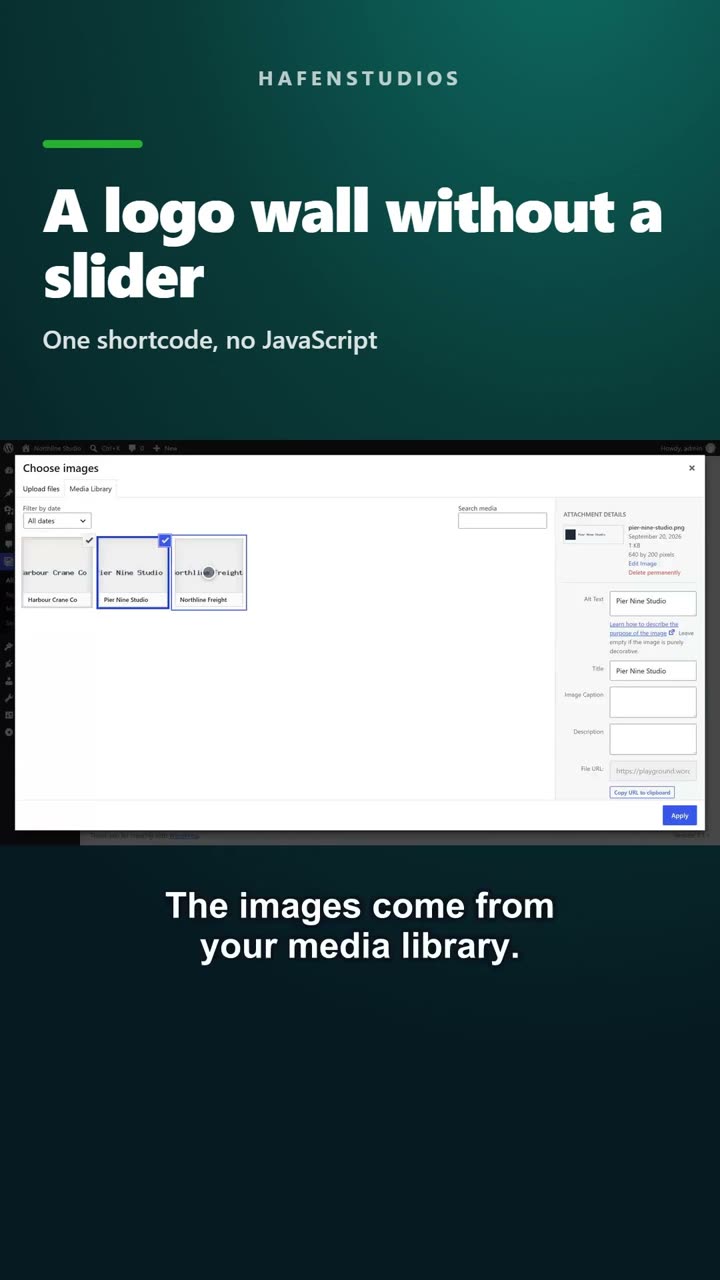 Frame from the short: choosing the partner logos for the logo bar from the WordPress media library