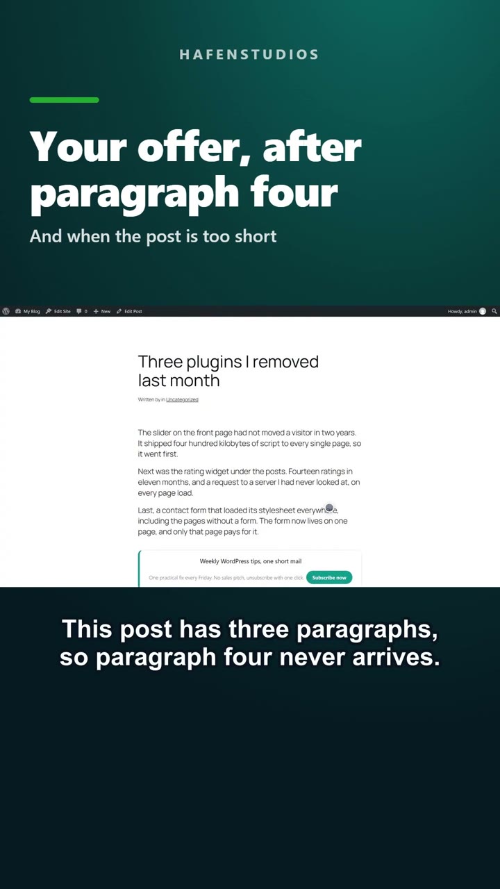Short: a demo post with three paragraphs and the newsletter box at its end, captioned that paragraph four never arrives