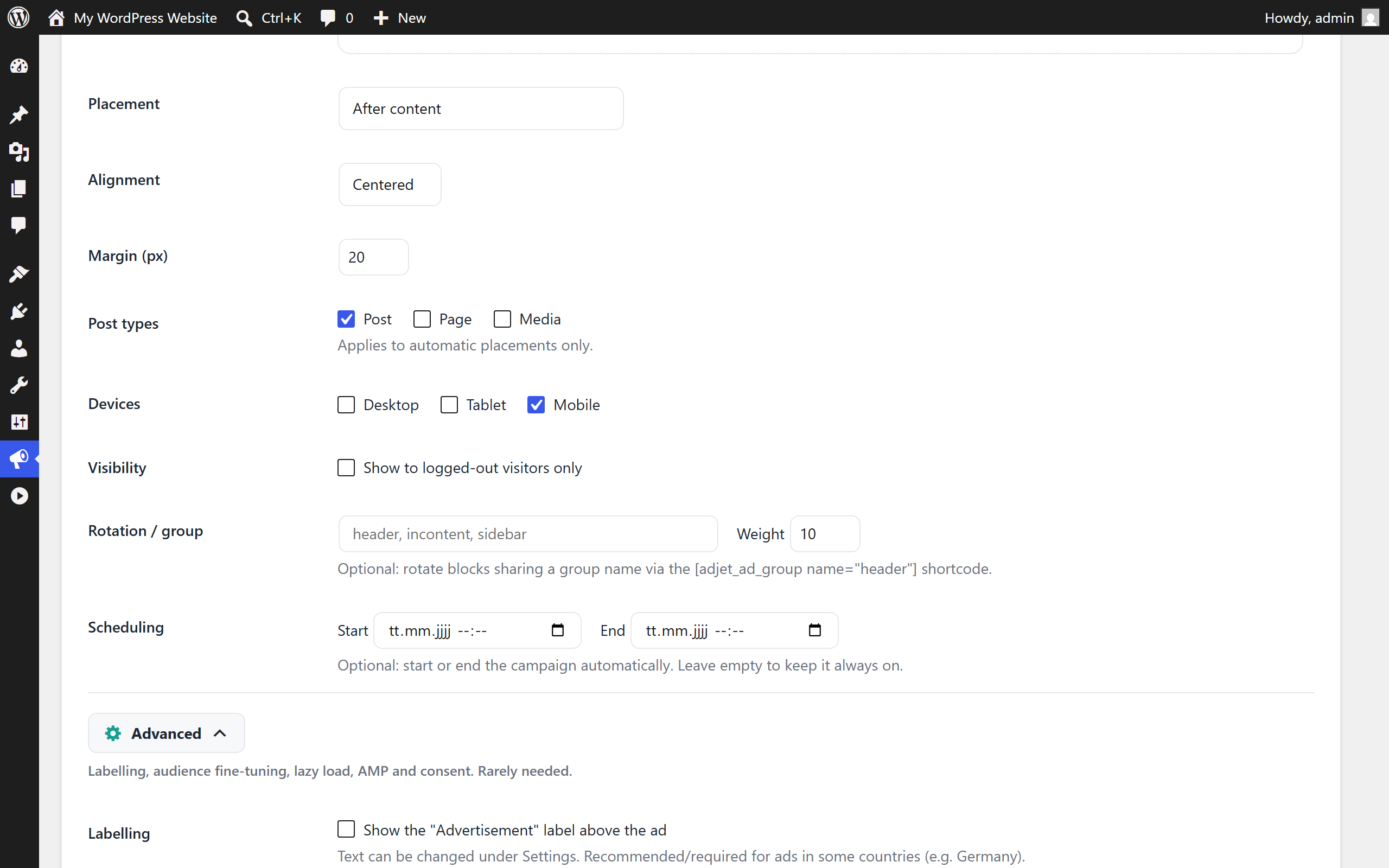 Adjet: Platzierung, Geräte-Targeting und Consent-Gating
