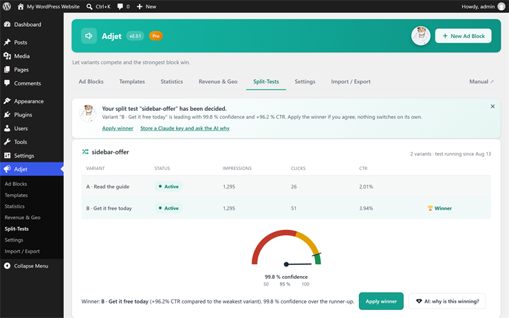 Split testing with confidence gauge